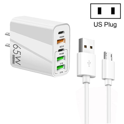 65W Dual PD Type-C + 3 x USB Multi Port Charger with 3A USB to Micro USB Data Cable, US Plug(White) - Mobile Accessories by buy2fix | Online Shopping UK | buy2fix