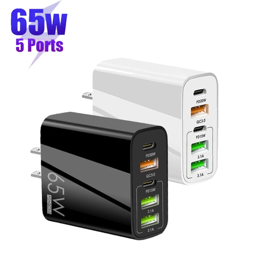 65W Dual PD Type-C + 3 x USB Multi Port Charger with 3A USB to Micro USB Data Cable, US Plug(Black) by buy2fix