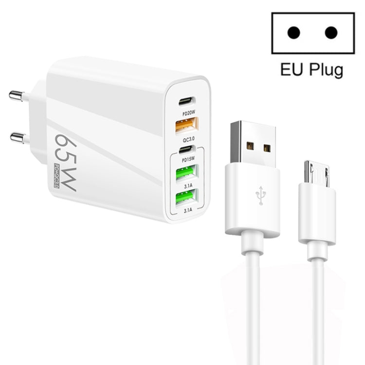 65W Dual PD Type-C + 3 x USB Multi Port Charger with 3A USB to Micro USB Data Cable, EU Plug(White) - Mobile Accessories by buy2fix | Online Shopping UK | buy2fix