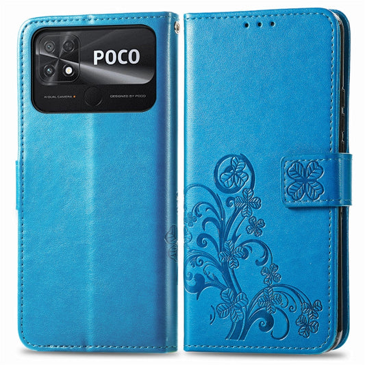 For Xiaomi Poco C40 Four-leaf Clasp Embossed Buckle Leather Phone Case(Blue) by buy2fix