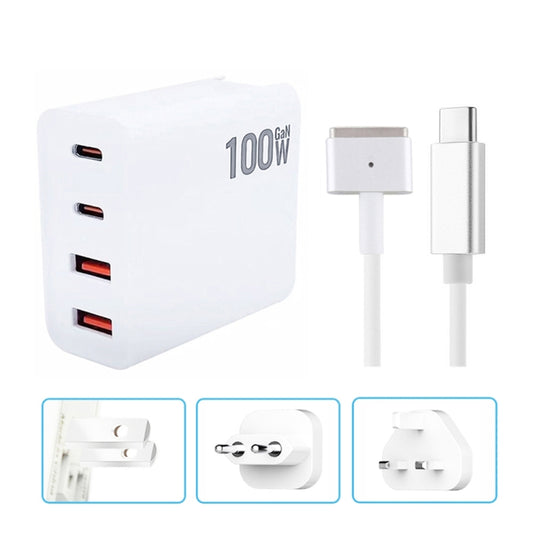 GaN 100W Dual USB-C/Type-C + Dual USB Multi Port Charger with  1.8m Type-C to MagSafe 2 / T Header Data Cable, Plug Size:US / EU / UK Plug - Cable & Adapter by buy2fix | Online Shopping UK | buy2fix