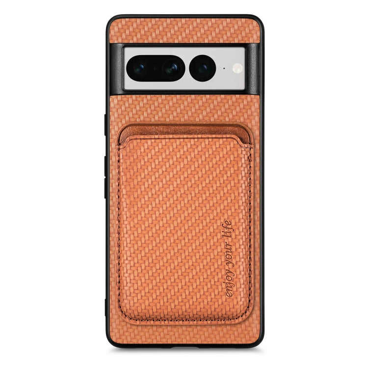 For Google Pixel 7 Pro Carbon Fiber Leather Card Magsafe Phone Case(Brown) - Google Cases by buy2fix | Online Shopping UK | buy2fix