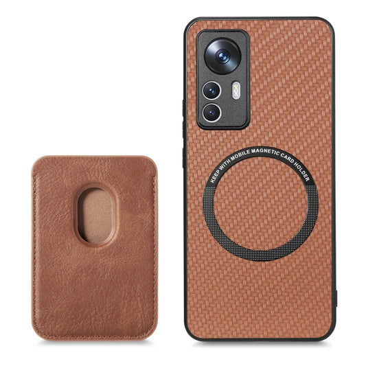 For Xiaomi 12T Carbon Fiber Leather Card Magsafe Phone Case(Brown) by buy2fix
