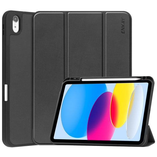 For iPad 2025 / 2022 ENKAY TPU Back Cover Smart Leather Stand Tablet Case with Pen Slot(Black)