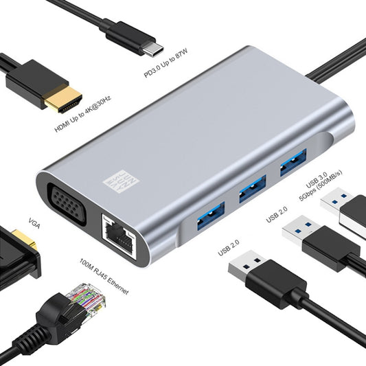 JUNSUNMAY 7 in 1 Type-C to 4K HDMI / VGA / Ethernet Docking Station Adapter USB-C Hub - Computer & Networking by JUNSUNMAY | Online Shopping UK | buy2fix