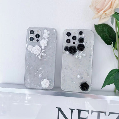 For iPhone 13 mini 3D Pearl Bow Rose Glitter Epoxy TPU Phone Case(White) by buy2fix