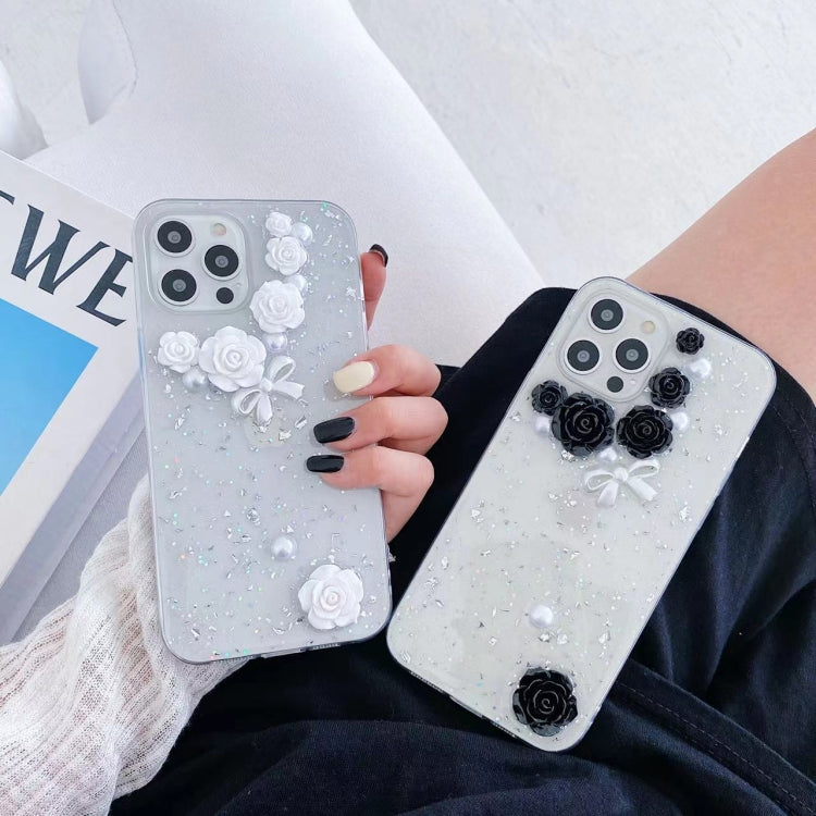 For iPhone 13 mini 3D Pearl Bow Rose Glitter Epoxy TPU Phone Case(White) by buy2fix