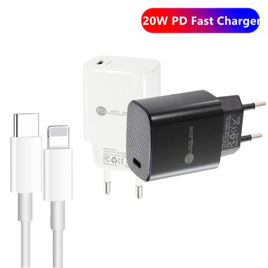 PD11 Single PD3.0 USB-C / Type-C 20W Fast Charger with 1m Type-C to 8 Pin Data Cable, EU Plug(Black) by buy2fix