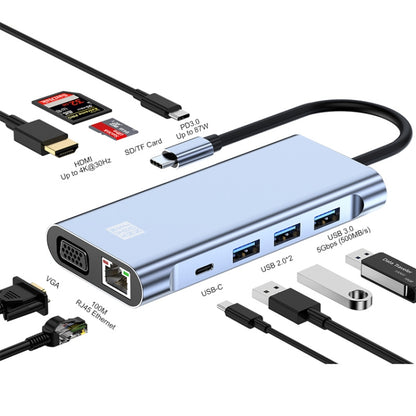 JUNSUNMAY 10 in 1 Type-C to 4K HDMI + VGA +RJ45 + 3.5mm Audio Docking Station Adapter PD Quick Charge Hub SD/TF Card Reader - USB HUB by JUNSUNMAY | Online Shopping UK | buy2fix