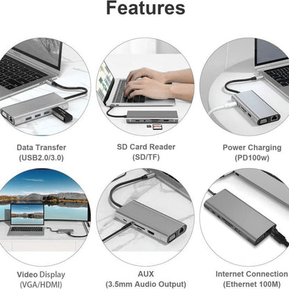 USB C HUB, USB C Adapter 11 in 1 Dongle with 4K HDMI, VGA, Type C PD, USB3.0, RJ45 Ethernet, SD/TF Card Reader, 3.5mm AUX, Docking Station Compatible with MacBook Pro/Air, Other Type C Laptops Devices by buy2fix