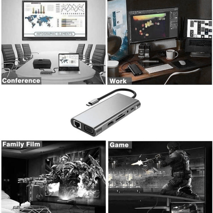 USB C HUB, USB C Adapter 11 in 1 Dongle with 4K HDMI, VGA, Type C PD, USB3.0, RJ45 Ethernet, SD/TF Card Reader, 3.5mm AUX, Docking Station Compatible with MacBook Pro/Air, Other Type C Laptops Devices by buy2fix