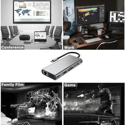 USB C HUB, USB C Adapter 11 in 1 Dongle with 4K HDMI, VGA, Type C PD, USB3.0, RJ45 Ethernet, SD/TF Card Reader, 3.5mm AUX, Docking Station Compatible with MacBook Pro/Air, Other Type C Laptops Devices by buy2fix