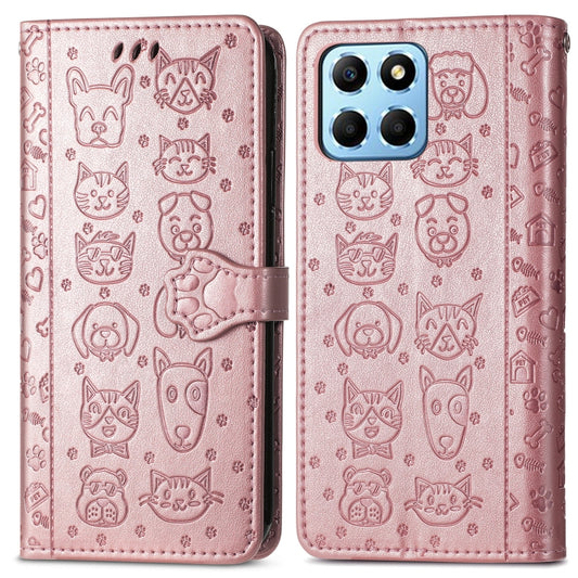 For Honor X8 5G Cute Cat and Dog Embossed Leather Phone Case(Rose Gold) by buy2fix