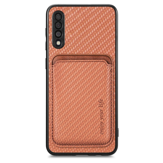 For Samsung Galaxy A50 Carbon Fiber Leather Card Magsafe Case(Brown) by buy2fix