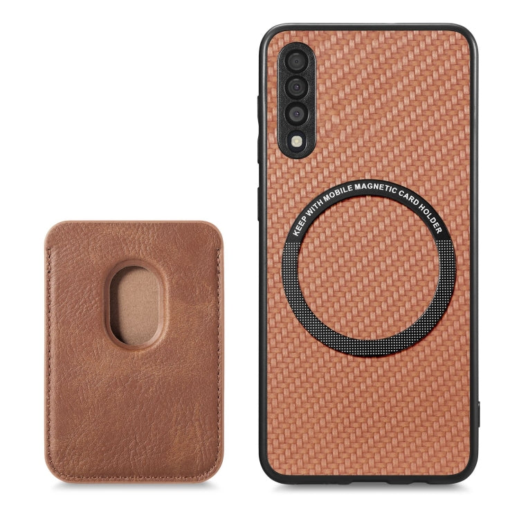 For Samsung Galaxy A50 Carbon Fiber Leather Card Magsafe Case(Brown) by buy2fix