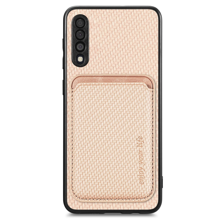 For Samsung Galaxy A50 Carbon Fiber Leather Card Magsafe Case(Khaki) by buy2fix