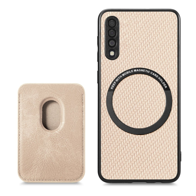 For Samsung Galaxy A50 Carbon Fiber Leather Card Magsafe Case(Khaki) by buy2fix