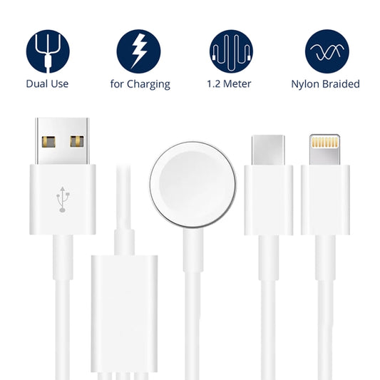 For Apple Watch Series & iPhone & Phone with Type-C Port 3 in 1 USB Magnetic Charging Cable 4ft/1.2m by buy2fix