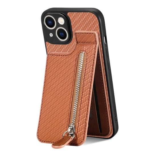For iPhone 13 mini Carbon Fiber Vertical Flip Zipper Phone Case(Brown) by buy2fix
