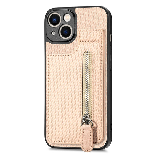 For iPhone 13 mini Carbon Fiber Vertical Flip Zipper Phone Case(Khaki) by buy2fix