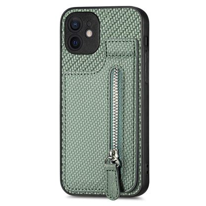 For iPhone 12 Carbon Fiber Vertical Flip Zipper Phone Case(Green) by buy2fix