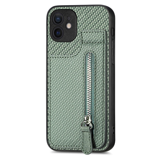 For iPhone 12 Carbon Fiber Vertical Flip Zipper Phone Case(Green) by buy2fix