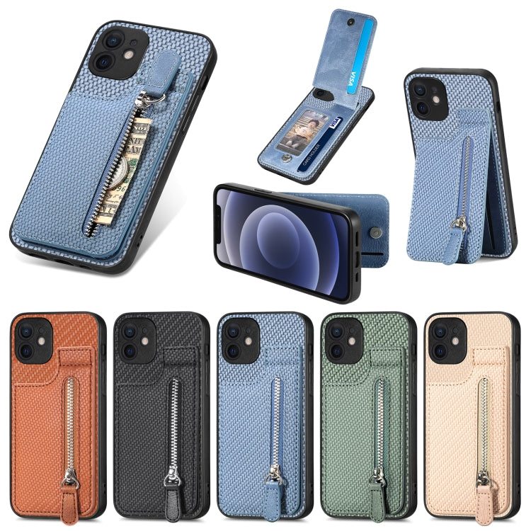 For iPhone 12 Carbon Fiber Vertical Flip Zipper Phone Case(Green) by buy2fix
