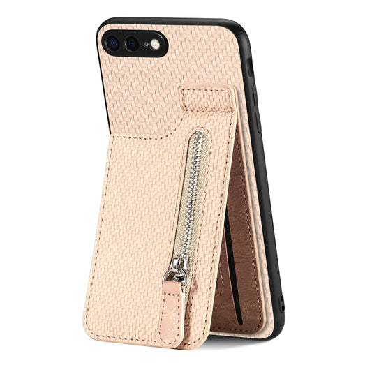 For iPhone SE 2022 / 2020 / 7 / 8 Carbon Fiber Vertical Flip Zipper Phone Case(Khaki) by buy2fix