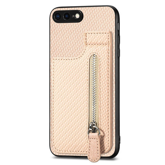 For iPhone SE 2022 / 2020 / 7 / 8 Carbon Fiber Vertical Flip Zipper Phone Case(Khaki) by buy2fix