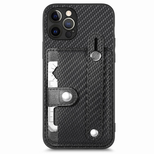 For iPhone 12 Pro Max Wristband Kickstand Card Wallet Back Cover Phone Case with Tool Knife(Black) by buy2fix