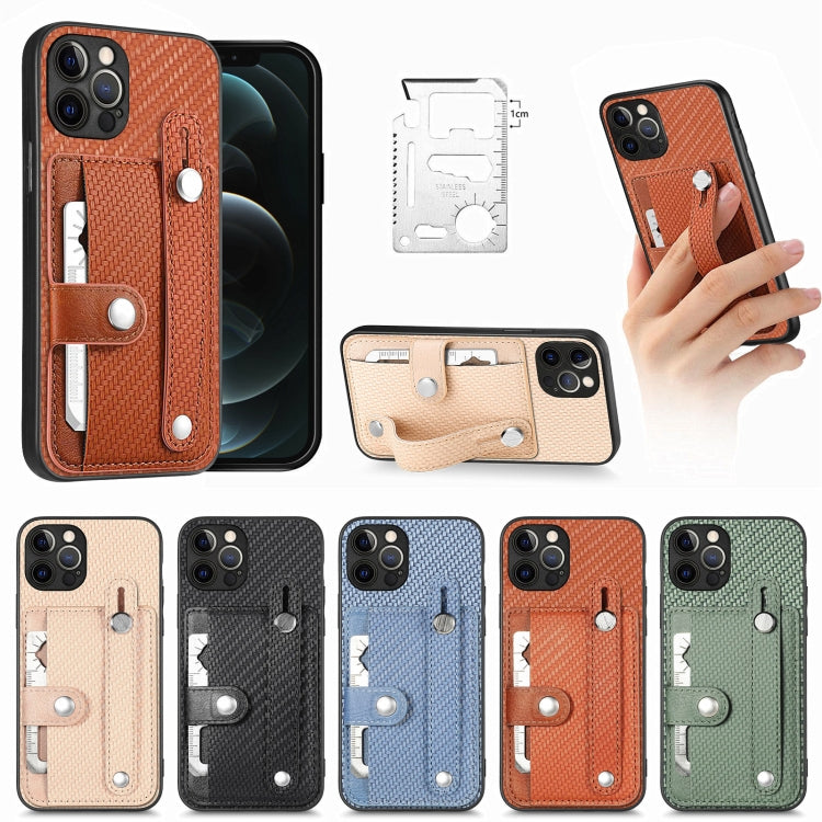 For iPhone 12 Pro Max Wristband Kickstand Card Wallet Back Cover Phone Case with Tool Knife(Black) by buy2fix