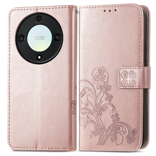 For Honor Magic5 Lite Four-leaf Clasp Embossed Buckle Leather Phone Case(Rose Gold) by buy2fix