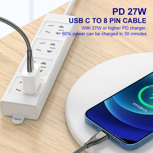 ENKAY ENK-CB128 PD 27W Type-C to 8 Pin Carbon Steel Hose Spring Fast Charging Data Cable, Length:1m(Silver) by ENKAY