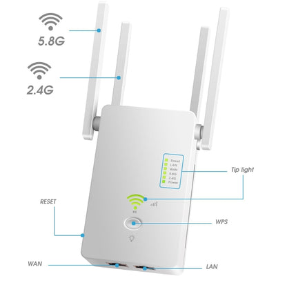 U6 5Ghz Wireless WiFi Repeater 1200Mbps Router Wifi Booster 2.4G Long Range Extender(US Plug) -  by buy2fix | Online Shopping UK | buy2fix