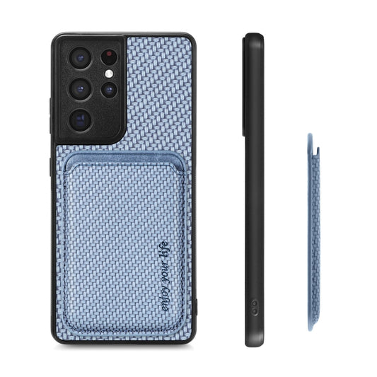 For Samsung Galaxy S21 Ultra 5G Carbon Fiber Leather Card Magsafe Magnetic Phone Case(Blue) by buy2fix