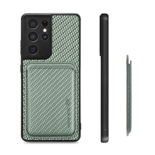 For Samsung Galaxy S21 Ultra 5G Carbon Fiber Leather Card Magsafe Magnetic Phone Case(Green) by buy2fix
