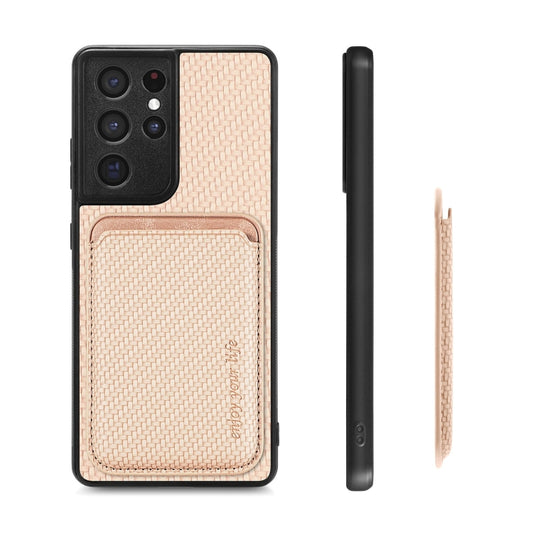 For Samsung Galaxy S21 Ultra 5G Carbon Fiber Leather Card Magsafe Magnetic Phone Case(Khaki) by buy2fix
