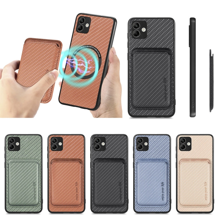 For Samsung Galaxy A04 4G Carbon Fiber Leather Card Magsafe Magnetic Phone Case(Khaki) by buy2fix