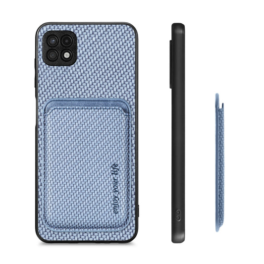 For Samsung Galaxy A22 5G Carbon Fiber Leather Card Magsafe Magnetic Phone Case(Blue) by buy2fix