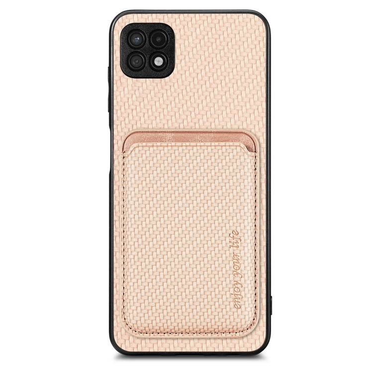For Samsung Galaxy A22 5G Carbon Fiber Leather Card Magsafe Magnetic Phone Case(Khaki) by buy2fix
