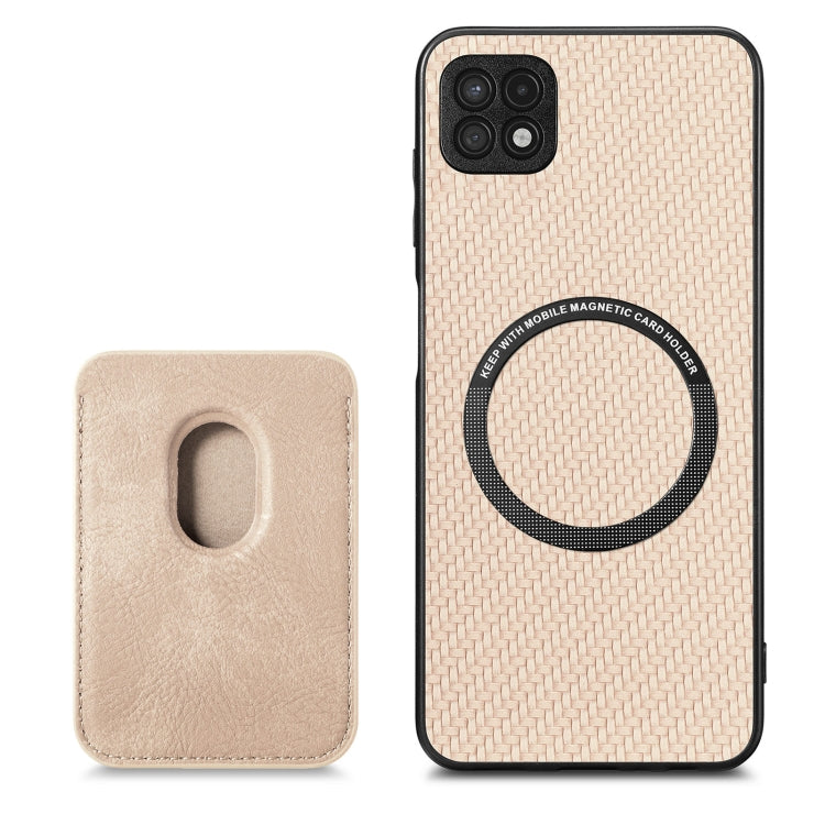 For Samsung Galaxy A22 5G Carbon Fiber Leather Card Magsafe Magnetic Phone Case(Khaki) by buy2fix