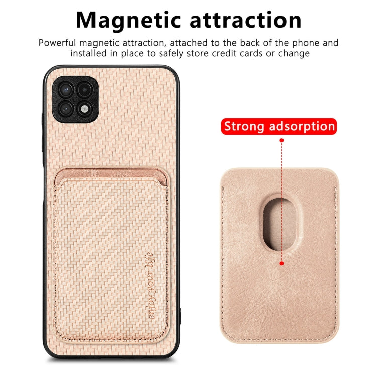 For Samsung Galaxy A22 5G Carbon Fiber Leather Card Magsafe Magnetic Phone Case(Khaki) by buy2fix