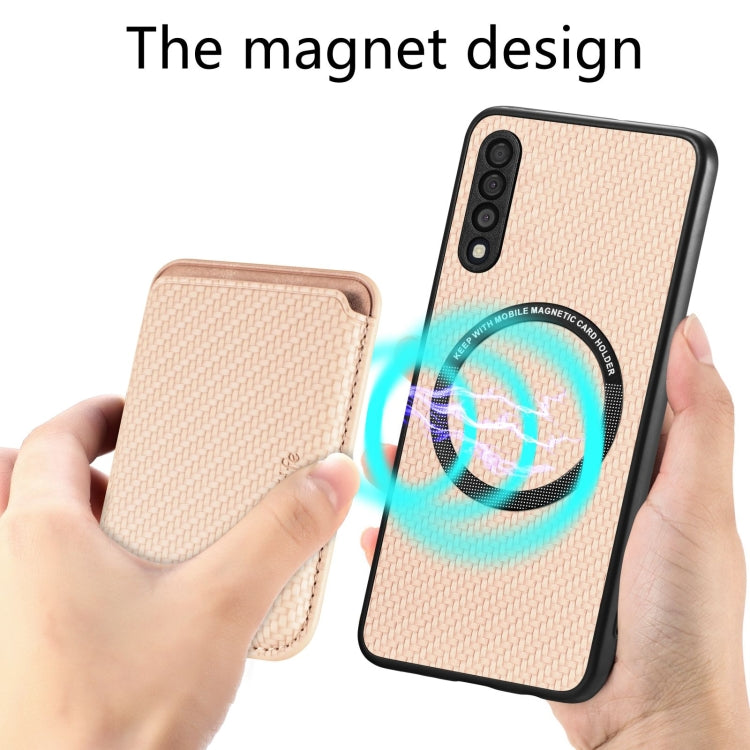 For Samsung Galaxy A50 Carbon Fiber Leather Card Magsafe Magnetic Phone Case(Khaki) by buy2fix