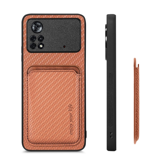 For Xiaomi Poco X4 Pro 5G Carbon Fiber Leather Card Magsafe Magnetic Phone Case(Brown) by buy2fix