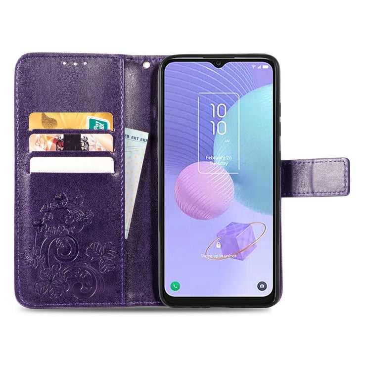 For TCL 405 Four-leaf Clasp Embossed Buckle Leather Phone Case(Purple) - More Brand by buy2fix | Online Shopping UK | buy2fix