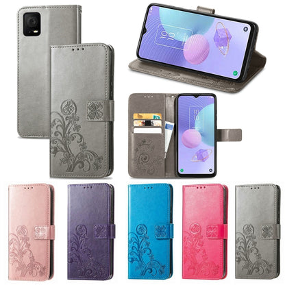 For TCL 405 Four-leaf Clasp Embossed Buckle Leather Phone Case(Blue) - More Brand by buy2fix | Online Shopping UK | buy2fix