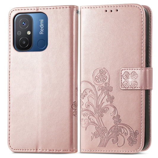 For Xiaomi Redmi 12C Four-leaf Clasp Embossed Buckle Leather Phone Case(Rose Gold) by buy2fix