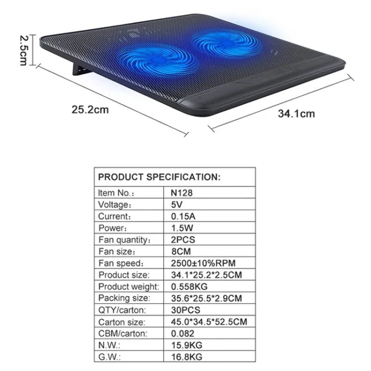 N128 Work Game Dual Fan Laptop Cooling Pad Heat Dissipation Holder with LED Light by buy2fix