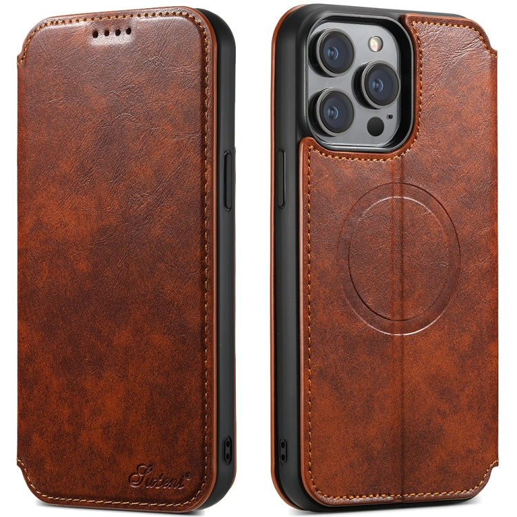 For iPhone 12 / 12 Pro Suteni J05 Leather Magnetic Magsafe Phone Case(Khaki) by Suteni