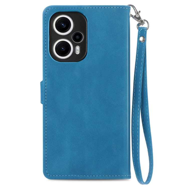 For Xiaomi POCO F5 Embossed Flower Zipper Leather Phone Case(Blue) - Xiaomi Cases by buy2fix | Online Shopping UK | buy2fix